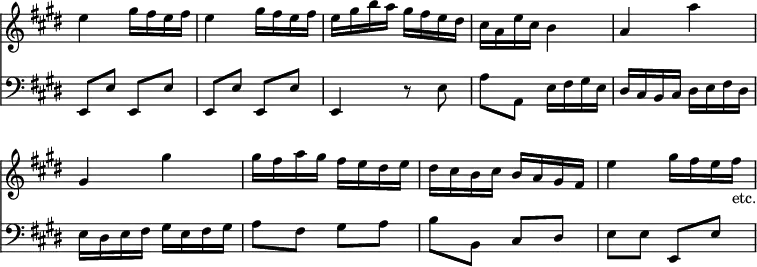 { << \new Staff \relative e'' { \time 2/4 \override Score.TimeSignature #'stencil = ##f \key e \major \override Score.BarNumber #'break-visibility = #'#(#f #f #f)
e4 gis16 fis e fis | e4 gis16 fis e fis |
e gis b a gis fis e dis | %end line 1
cis a e' cis b4 | a a' | gis, gis' | %end line 2
gis16 fis a gis fis e dis e | dis cis b cis b a gis fis |
e'4 gis16 fis e fis_"etc." }
\new Staff \relative e, { \clef bass \key e \major
e8 e' e, e' | e, e' e, e' | e,4 r8 e' | %end line 1
a a, e'16 fis gis e | dis cis b cis dis e fis dis |
e dis e fis gis e fis gis | %end line 2
a8 fis gis a | b b, cis dis | e e e, e' } >> }