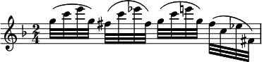 { \key f \major \time 2/4 \relative g'' { g32[( c e g,)] fis[( c' ees fis,]) g[( c e g,]) fis[( c ees fis,]) } }