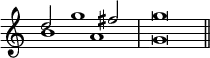 { \override Score.TimeSignature #'stencil = ##f \time 4/2 \relative d'' << { d2 g1 fis2 | g\breve \bar "||" } \\ { b,1 a | g\breve } >> }