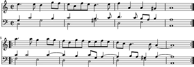 { << \new Staff \relative e'' { \time 2/2
\repeat volta 2 {
e4. e8 d4 g8 f | e c f e d4. e8 | f4 a, a gis | a1 } \break
\repeat volta 2 {
a'4. a8 g4 a8 g | f d g f e e f e | d c b4. b8 a4 ~ | a1 } }
\new Staff << \clef bass
\new Voice \relative g { \stemUp
g4 c2 b4 | c2 b4. c8 | d4. c8 b a b4 | a1 | %end line 1
c4 c2 c4 ^~ | c b c8 g a4 ^~ | a b8 a gis4 a ^~ | a1 }
\new Voice \relative c { \stemDown
c2 g' | c, gis' | d e | a,1 | %end line 1
f'2 e | d c | d e | a,1 } >> >> }