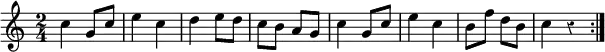 { \time 2/4 \override Score.Rest #'style = #'classical \relative c'' \repeat volta 2 { c4 g8 c e4 c d e8 d c b a g c4 g8 c e4 c b8 f' d b c4 r } }