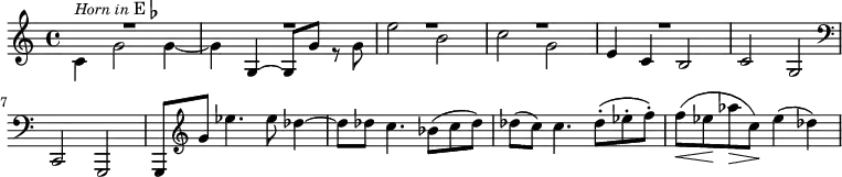 { \time 4/4 \relative g { << { R1*5} \\ { c4^\markup { \smaller \italic "Horn in" E\flat }  g'2 g4 ~ g s2 r8 g e'2 b c g } \\ { s1 s4 g, ~ g8 g' s4 s1 s e4 c b2 } >> c g \clef bass c,, g g8 \clef treble g''' ees'4. ees8 des4 ~ des8 des c4. bes8( c des) | des( c) c4. des8-.( ees-. f-.) f\<( ees\! aes\> c,\!) ees4( des) } }