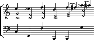 \layout {
  \context {
    \ChoirStaff
    \consists #Span_stem_engraver
  }
}

{ \new ChoirStaff <<
  \new Staff << 
    \new Voice \relative e'' { \time 8/2 \override Score.TimeSignature #'stencil = ##f \stemUp
      e4 s ees s f s d s f^( fis) aes^( a) }
    \new Voice \relative g' { \stemUp
      <g c,>2 <f c> <a c,> <e c> <g e> <c e,> }
   >>
  \new Staff { \clef bass \voiceOne
    \crossStaff { c4 s f, s f s c, s c, s g s } }
  >>
}
\midi { }
\header { tagline = ##f }