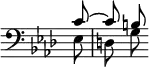 { \override Score.TimeSignature #'stencil = ##f \clef bass \key aes \major \partial 8 \relative c' << { c8 ~ c b } \\ { ees, d g } >> }