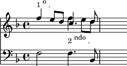 { << \new Staff << \key f \major \time 4/4
\new Voice \relative f'' { \stemUp
f4^\markup \small { 1\raise #1.0 "o". } e8 d c4. d8 | s4 }
\new Voice \relative f'' { \stemDown
s2 f4_\markup \small { 2\raise #1.0 "ndo". } e8 d } >>
\new Staff \relative f { \clef bass \key f \major
f2 f4. bes,8 | s4 } >> }