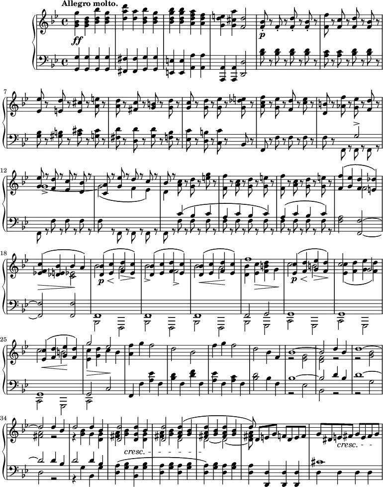 #(set-global-staff-size 18)
\version "2.14.2"
\header {
  tagline = ##f }
\score { \new GrandStaff << \time 4/4 \new Staff { \key g \minor \tempo "Allegro molto."
  \relative g'' { <g bes, g>4\ff <d bes g> <bes' d, bes> <g d bes> |
   <d' a d,> <a d,> <bes d, bes> <g d bes> |
   <bes g d bes> <bes g d bes> <a f d a> <f d a> |
   <e d g,> <a cis, g> <d, f,>2 |
   <bes f>8-.\p r f-. r <d' f,>-. r <bes f>-. r |
   <f' f,> r <c f,> r <d f,> r <bes f> r | 
   <ees ees,> r <d e,> r <cis e,> r <e a,> r |
   <d a> r <c fis,> r <b g> r <d g,> r |
   <c g> r <d g,> r <ees g,> r <e des g,> r |
   <f c a> r <ees g,> r <d f,> r <c ees> r |
   <b d,> r <f' aes,> r <ees g,> r <d f,> r |
   << { <ees g,> r <d f,> r <c ees,> r <bes d,> r | <a c,> r <ees' g,> r d r c r | bes r }
     \\
      { g1-> ~ | g2\( f4 ees\) | d } >>
   <c' a>8 r <d g,> r <e g> r |
   <f f,> r <c a> r <d g,> r <e g,> r |
   <f f,> r <c a> r <d g,> r <e g,> r |
   << { <f f,>4\( <ees g,> <d f,> <des e,>\) |
        <c f, ees!>\>\( <bes e, des> bes\! a\) |
        <bes d,>\p\<\( <c ees,>\! <d f,>\> <c ees,>\!\) |
        <bes d,>\( <c ees,> <d f,> <c ees,>\) |
        <bes d,>\(\< <c ees,> <d f,>\! <c ees,>\) | f1 |
        <c ees,>4\p\<\( <d f,>\! <ees g,>\> <d f,>\)\! | c2 g |
        <c ees,>4\<\( <d f,> <ees g,>\! <d f,>\) | g2 ees } \\
      { s2 f, s <ees c> | bes' a | bes-> f-> | bes a |
        <bes d,>4 <c ees,>\> <d b f> g,\! | c2 b |
        <c ees,>4\( <d f,> <ees g,> <d f,>\) | c2 b |
        <c ees,>4\> <d g,> c\! bes } >>
   <f' a,>4 g f2 | d bes | f'4 g f2 | d2 bes4 f |
   << { bes1 ~ | bes2 d4 bes | d1 ~ | d2 d4 bes |
        d2 d4 bes | <d d,>2 <d g, d>4 bes | <d d,>2 <d a fis>4\( <bes g> |
        <d a fis> <bes g> <d a fis> <bes g> | d8\) } \\
      { r2 <g, ees> | <f d> r | r <bes g> | <a fis> r |
        r4 <bes g> g <g d> | <a fis> <bes g>\cresc s <g d> | <a fis> <bes g> d,2 |
        d\! ~ d ~ | <d fis a>8 } >>
   d8 e g f d e f | g dis e\cresc fis g e fis g\! |
} }
\new Staff { \key g \minor \clef bass \relative g {
   <g g,>4 <g g,> <g g,> <g g,> |
   <fis fis,> <fis fis,> <g g,> <g g,> |
   <e e,> <e e,> <a a,> <a a,> |
   <a, a,> <a a,> <d d,>2 |
   <d' bes>8 r <d bes> r <d bes> r <d bes> r |
   <c a> r <c a> r <d bes> r <d bes> r |
   <bes g> r <b gis> r <cis a> r <cis g> r |
   <d fis,> r <d d,> r <d g,> r <bes f> r |
   <c ees,> r <b d,> r <c c,> r bes, r |
   f r f' r f r f r | f r 
   << { s4 g2-> | s1 | s | s4\( c bes c | a c bes c\) | a\( c bes c\) }
     \\
      { f,,8 r f r f r | f r f' r f r f r | f r f, r f r f r | f r f' r f r f r |
        f r f r f r f r | f r f r f r f r | } >>
   <a f>2 <f f,> ~ | <f f,> <f f,> |
   << { f,1 | f	| f | f2 g | g1 | g1 | g1 | g2 c }
     \\
      { bes,2 f | bes f | bes f | bes g | c g | c g | c g | c } >>
   f4 f' <a ees'> f | <bes d> f <d' f> f, | <a ees'> f <a c> f | <bes d>2 bes4 f |
   << { bes1 ~ | bes2 d4 bes | d1 ~ | d2 d4 bes | d2 d4 bes } \\
      { r2 ees, | bes r | r g' | d r | r4 g bes, g' } >>
   <a d,>4\( <bes g> <g bes,> <bes g> | <a d,> <bes g> <a d,> <bes g> |
   <a d,>4\) <bes g> <a d,> <bes g> | <a d,> <d, d,> <d d,> <d d,> |
   << { cis'1 } \\
      { d,4 d d d } >>
} } >>
\midi { }
\layout { } }