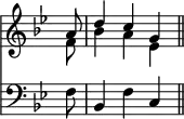 { \override Score.TimeSignature #'stencil = ##f \time 3/4 \partial 8 \key bes \major << \relative a' << { a8 d4 c g \bar "||" } \\ { f8 bes4 a ees } >> \new Staff { \clef bass \key bes \major \relative f { f8 bes,4 f' c } } >> }