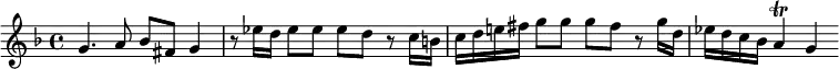 { \relative g' { \time 4/4 \key f \major
 g4. a8 bes fis g4 | r8 ees'16 d ees8 ees ees d r c16 b | %eol 1
 c d e! fis g8 g g fis r g16 d | ees d c bes a4\trill g } }