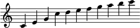 { \override Score.TimeSignature #'stencil = ##f \cadenzaOn
c'4 e' g' c'' d'' e'' f'' g'' a'' b'' c''' }