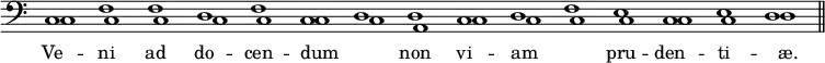 { \override Score.TimeSignature #'stencil = ##f \time 15/1 \clef bass << \new Voice = "CF" { c1 f f d f c d d c d f e c e d \bar "||" } \new Voice { \shiftOn c1 \shiftOff c c c c \shiftOn c \shiftOff c a, \shiftOn c \shiftOff c c c \shiftOn c \shiftOff c \shiftOn d } \new Lyrics \lyricsto "CF" { Ve -- ni ad do -- cen -- dum _ non vi -- am _ pru -- den -- ti -- æ. } >> }