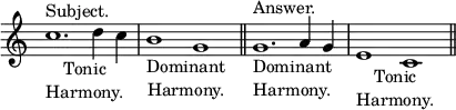 { \relative c'' { \override Score.TimeSignature #'stencil = ##f \cadenzaOn
 c1.^"Subject."_\markup \center-column { Tonic Harmony. } d4 c \bar "|"
 b1_\markup \center-column { Dominant Harmony. } g \bar "||"
 g1.^"Answer."_\markup \center-column { Dominant Harmony. } a4 g \bar "|"
 e1_\markup \center-column { Tonic Harmony. } c \bar "||" } }