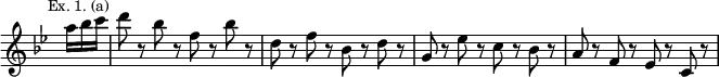 { \relative a'' { \override Score.TimeSignature #'stencil = ##f \mark \markup \small "Ex. 1. (a)" \key bes \major \partial 8.
a16 bes c | d8 r bes r f r bes r | d, r f r bes, r d r | %end line 1
g, r ees' r c r bes r | a r f r ees r c r } }
