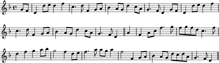{ \override Score.BarNumber #'break-visibility = #'#(#f #f #f) \key d \minor \time 4/4 \partial 4 \relative g' {
g8 f | d4 d'8 e d4 f | c4. d8 f,4 g8 a |
bes4 a8 g d'4 c8 a | %end line 1
g4. f8 d4 g8 f | d4 d'8 e d4 f |
c4. d8 f,4 g8 a | bes4 a8 g d'4 c8 a | %end line 2
g4. f8 d4 \bar "||" a' | f a8 c f4. g8 |
f g f d c4. f8 | d4 f g a8 bes | %end line 3
g2 f4 d8 e | f4. a8 a g a4 | f2 f,4 g8 a |
bes4 a8 g d' c d a | g4. f8 d4 \bar "||" } }