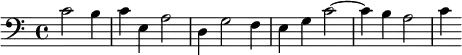 \relative c' { \clef bass \time 4/4 \partial 2. c2 b4 | c e, a2 | d,4 g2 f4 | e g c2 ~ c4 b a2 | c4 }