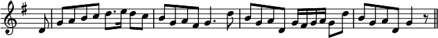 { \override Score.BarNumber #'break-visibility = #'#(#f #f #f) \override Score.Rest #'style = #'classical \override Score.TimeSignature #'stencil = ##f \time 4/4 \partial 8 \key g \major \relative d' { d8 | g a b c d8. e16 d8 c | b g a fis g4. d'8 | b g a d, g16 fis g a g8 d' | b g a d, g4 r8 \bar "||" } }