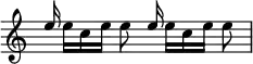 { \override Score.TimeSignature #'stencil = ##f \time 3/4 << \relative e'' { e16 s8. s8 e16 } \\ \relative e'' { s16 e[ c e] e8 s16 e[ c e] e8 | } >> }