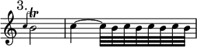 { \mark "3." \override Score.TimeSignature #'stencil = ##f \time 2/4 \relative b' {
 \grace c4 b2\trill | c4 ~ c32 b c b c b c b } }