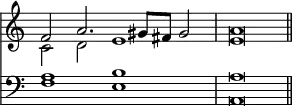 << \override Score.TimeSignature #'stencil = ##f \time 4/2 \new Staff << \new Voice { \relative f' { \stemUp f2 a2. gis8 fis gis2 | a\breve \bar "||" } } \new Voice { \relative c' { \stemDown c2 d e1 | e\breve } } >>
\new Staff { \clef bass << \new Voice { \stemUp a1 b | a\breve } \new Voice { \stemDown f1 e | a,\breve } >> } >>