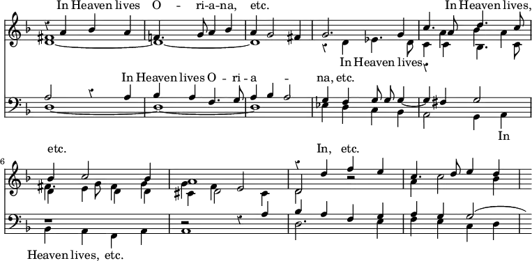 << \new Staff = "staffu" { \time 4/4 \override Score.Rest #'style = #'classical \override Score.TimeSignature #'stencil = ##f \key d \minor <<
\new Voice = "S" { \relative a' { \stemUp r4 a bes a | f!4. g8 a4 bes | a g2 fis4 | g2. g4 | c4. a8 d4. c8 | bes4 c2 bes4 | a1 | r4 d f e | c4. d8 e4 d | s8 } }
\new Voice = "A" { \relative d' { \stemDown d1 ~ d ~ d | r4 d ees4. d8 | c4 c bes4. c8 | d4 e d d | cis d2 cis4 | d2 r | a'4 c2 bes4 } }
\new Voice { \relative f' { \stemDown fis1 s s s | r4 a bes a | fis4. g8 fis4 g | g f \stemUp e2 | d } } >> }
\new Lyrics \with { alignAboveContext = "staffu" } { \lyricsto "S" { In Heaven lives O -- ri -- a -- na, etc. _ _ _ _ _ In Heaven lives, etc. _ _ _  In, etc. } }
\new Lyrics \lyricsto "A" { _ In Heaven lives }
\new Staff = "staffd" { \clef bass \key d \minor <<
\new Voice = "T" { \stemUp \autoBeamOff a2 r4 a | bes a f4. g8 | a4 bes a2 | g4 f g8 g g4 ~ | g fis g2 | r1 | r2 r4 a | bes a f g | a g g2^( | s8) }
\new Voice = "B" { \relative d { \stemDown d1 _~ d _~ d | ees4 d c bes | a2 g4 a | bes a f a | a1 | d2. e4 | f e c d | } } >> }
\new Lyrics \with { alignAboveContext = "staffd" } { \lyricsto "T" { _ In Heaven lives O -- ri -- a -- _ _ na, etc. } }
\new Lyrics \lyricsto "B" { _ _ _ _ _ _ _ In Heaven lives, etc. }
>>