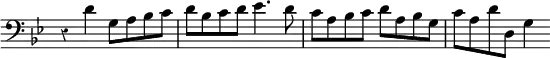 { \relative d' { \clef bass \time 4/4 \key bes \major \override Score.TimeSignature #'stencil = ##f \override Score.Rest #'style = #'classical
 r4 d g,8 a bes c | d bes c d | ees4. d8 c a bes c | d a bes g c a d d, | g4 } }