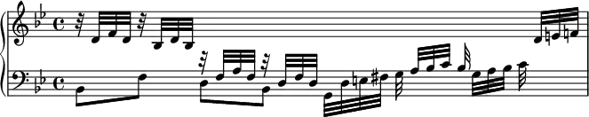 
{ 
  \new PianoStaff
  <<
    \new Staff = "treble" \relative d' {
      \key bes \major \stemUp
      r32 d[ f d] r32 bes[ d bes] 
      \change Staff = "bass"
      r32 f[ a f] r32 d[ f d]
      s8 s32 a'[ bes c] bes
      \change Staff = "treble"
      s8 d32 e f!
    }
    \new Staff = "bass" \relative b, {
      \clef bass \key bes \major \stemDown
      bes8[ f'] d[ bes] g32[ d' e fis] g
      s8 g32[ a bes] c
    }
  >>
}

