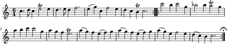 { \time 6/4 \relative c'' { \repeat volta 2 { c4. d8 c4 e2\trill e4 | d4. e8 d4 f2. | e4( g) c, f2 e4 | d c b\trill c2. } \repeat volta 2 { c'2 b4 c2 g4 | bes2 bes4 a2\trill g4 | a b c c2 g4 | a g f e2.\trill | a4( g) f e( f) g | a( g) f e( f) g | a( g) e f2 e4 | d( c) b c2. \mark \markup { \musicglyph #"scripts.ufermata" } } } }