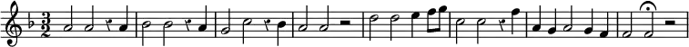 \relative a' { \key f \major \time 3/2 \override Score.Rest #'style = #'classical
  a2 a r4 a | bes2 bes r4 a | g2 c r4 bes | a2 a r | d2 d e4 f8 g |
  c,2 c r4 f | a, g a2 g4 f | f2 f\fermata r }