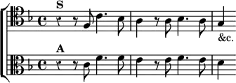  \new ChoirStaff << \override Score.Rest #'style = #'classical
  \new Staff \relative f { \clef tenor \key f \major \time 4/4
    r4^\markup \bold "S" r8 f c'4. bes8 | a4 r8 a bes4. a8 | g4_"&c." }
  \new Staff \relative c' { \clef alto \key f \major
    r4^\markup \bold "A" r8 c f4. f8 | e4 r8 e f4. e8 | d4 } >>