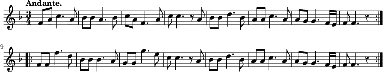 { \relative f' { \key f \major \time 3/4 \tempo "Andante." \override Score.Rest #'style = #'classical
\repeat volta 2 {
f8 a c4. a8 | bes bes a4. bes8 | c a f4. a8 | c c4. r8 a | %eol1
bes bes d4. bes8 | a a c4. a8 | a g g4. f16 e | f8 f4. r4 }
\repeat volta 2 {
f8 f f'4. d8 | bes bes bes4. a8 | g g g'4. e8 | c8 c4. r8 a |%eol3
bes bes d4. bes8 | a a c4. a8 | a g g4. f16 e | f8 f4. r4 } } }