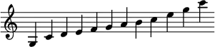 { \override Score.TimeSignature #'stencil = ##f \relative g { \cadenzaOn g4 c d e f g a b c e g c } }