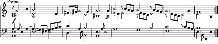 { << \new Staff << \override Score.Rest #'style = #'classical \override Score.TimeSignature #'stencil = ##f \time 4/4 \mark \markup \small "Pavana."
 \new Voice \relative a' { \stemUp
  r4 a2 c4 | b2. e,4 | fis8. gis16 a2 gis4 | %end line 1
  a2. a4\p | c2 r8 c b a | b2 r8 b a g | a2. a4 g1 \bar ":|." }
 \new Voice \relative c' { \stemDown
  <c e>1\f | <b e>2. s4 | s2 d | %end line 1
  cis1 | r4 e f2 | r8 f e d e2 | %end line 2
  r8 e d c d2 | e2. b4 } >>
\new Staff << \clef bass
 \new Voice \relative a { \stemUp
  a4. a8 e4 a ^~ | a gis8 fis gis a b c | d4 a b2 | %end line 1
  e,4. a8 e2 | s1 s2 b' | c r8 c b a | b1 }
 \new Voice \relative e { \stemDown
  <e a,>1 | e2 e | d4. e8 b2 | %end line 1
  a1 a' g | f | e4. b8 e,4 e' } >> >> }
