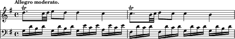{ \time 4/4 \tempo "Allegro moderato." \key g \major << \relative d'' { d8.\trill c32 d e8 d d4 c | c8.\trill b32 c d8 c c4 b | }
\new Staff { \clef bass \key g \major \relative g { g16 d' b d g, d' b d g, e' c e a, e' c e | fis, d' c d fis, d' c d g, d' c d g, d' b d | } } >> }