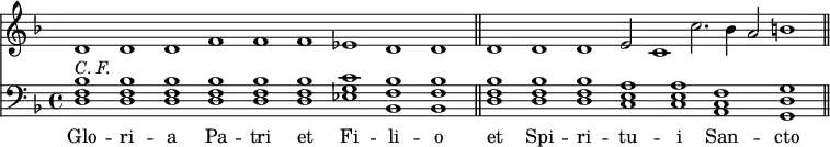 
<< <<
\new Staff { \clef treble \time 4/4 \key g \dorian \omit Staff.TimeSignature \accidentalStyle Score.forget \set Score.tempoHideNote = ##t \override Score.BarNumber  #'transparent = ##t
\relative c' { \cadenzaOn
   d1 d d f f f es d d \cadenzaOff \bar"||"
   \cadenzaOn d d d e2 c1 c'2. bes4 a2 b1 \bar"||"
} }
\new Staff { \clef bass \key g \dorian 
 \relative c {
   <d f bes>^\markup \italic "C. F." q q q q q <es g c> <bes f' bes> q
   <d f bes> q q <c e a> q <a c f> <g d' g>
} }
\new Lyrics \lyricmode {
  Glo1 -- ri -- a Pa -- tri et Fi -- li -- o
  et Spi -- ri -- tu -- i San -- cto
}
>> >>
\midi { \tempo 1 = 70 }
