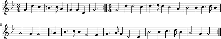 { \time 3/4 \key g \minor \relative g' { \repeat volta 2 {g4 d' c b4. c8 a4 g g d g2. } \time 6/4 g2 d'4 d2 c4 d4. ees8 d4 c2 a4 bes2 bes4 c4. d8 bes4 | a2 g4 g2 \repeat volta 2 { a4 bes4. c8 bes4 f2 f4 g4. a8 g4 d2 d4 | bes'2 bes4 c4. d8 bes4 a2 g4 g2 } } }