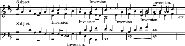 { << \new Staff \relative d'' { \key d \major \time 4/4 \override Score.TimeSignature #'stencil = ##f \partial 2
 << { d4^"Subject" a | b fis g a | b cis d2 ~ |
      d2 a4^"Inversion." d | cis fis e2 | d2 s |
      r^"Inversion." a | s_"etc." } \\
    { r2 R1 | d,4_"Inversion." g fis b | a g fis e8 d |
      a2 e'4_"Inversion." a | fis b a b | a g d fis } \\
    { s2 s1 s s s s2 d4_"Inversion." g | fis b a d } >> }
\new Staff \relative d' { \clef bass \key d \major
 << { r2^"Subject." d4 a b fis | g fis8 e d2 |
      a'4^"Inversion." d cis fis | e d2 cis4 | b d fis g | d1 } \\
    { r2 R1 r2 d,4_"Inversion." g | fis d a g |
      a1 d _~ d | s2 } >> } >> }