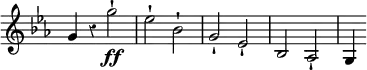 { \relative g' { \key ees \major \time 4/4 \override Score.Rest #'style = #'classical \override Score.TimeSignature #'stencil = ##f
g4 r g'2-!\ff | ees-! bes-! | g-! ees-! | bes aes-! \time 3/4 g4 } }