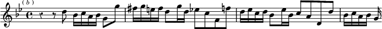 \relative d'' { \key g \minor \time 4/4 \override Score.Rest #'style = #'classical \mark \markup \tiny { ( \italic b ) } r4 r8 d bes16 c a bes g8 g' | fis16 g e fis d8 g16 d ees8 c f, f' | d16 ees c d bes8 ees16 bes c8 a d, d' | bes16 c a bes g }
