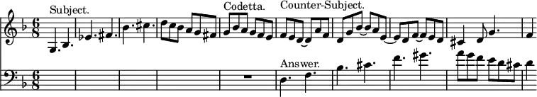 { << \new Staff \relative g { \key f \major \time 6/8
 g4.^"Subject." bes | ees fis | bes cis | d8 c bes a g fis | %eol1
 g^"Codetta." bes a g f e | f^"Counter-Subject." e d ~ d a' f |
 d g bes ~ bes a e ~ | e d f ~ f e d | %eol2
 cis4 d8 g4. | f4 }
\new Staff \relative d { \clef bass \key f \major
 s2. s s s | R | d4.^"Answer." f bes cis | f gis | %eol2
 a8 g f e d cis | d4 } >> }