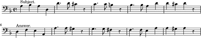 { \relative a { \clef bass \key d \minor \time 4/4 \override Score.Rest #'style = #'classical
 a4^"Subject." bes a d, | d'4. d8 cis4 r | c4. c8 b4 r |
 bes4. bes8 a4 d | d cis d r | \break
 d,4^"Answer." f e a, | a'4. a8 gis4 r | g4. g8 fis4 r |
 f4. f8 e4 a | a gis a r } }