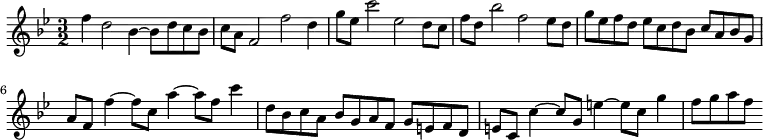 { \time 3/2 \key bes \major \relative f'' { f4 d2 bes4 ~ bes8 d c bes | c a f2 f' d4 | g8 ees c'2 ees, d8 c | f d bes'2 f ees8 d | g ees f d ees c d bes c a bes g | a f f'4 ~ f8 c a'4 ~ a8 f c'4 | d,8 bes c a bes g a f g e f d | e c c'4 ~ c8 g e'4 ~ e8 c g'4 | f8 g a f } }