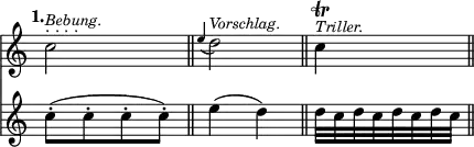 { \override Score.TimeSignature #'stencil = ##f \tempo "1." << \relative c'' { \cadenzaOn c2^\markup { . . . . } ^\markup { \smaller \italic Bebung. } \bar "||" \appoggiatura e4 d2^\markup { \smaller \italic Vorschlag. } \bar "||" c4\trill^\markup { \smaller \italic Triller. } \bar "||" }
\new Staff { \relative c'' { c8-.([ c-. c-. c-.)] e4( d) d32[ c d c d c d c] } } >> }