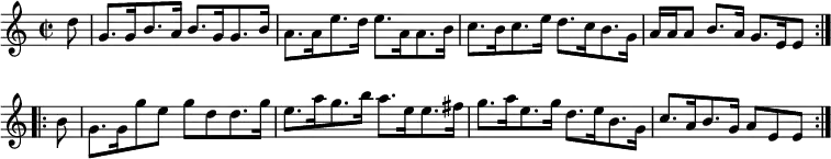 { \relative d'' { \time 2/2 \partial 8 \override Score.BarNumber #'break-visibility = #'#(#f #f #f) 
 \repeat volta 2 { d8 | g,8. g16 b8. a16 b8. g16 g8. b16 |
   a8. a16 e'8. d16 e8. a,16 a8. b16 | %eol1
   c8. b16 c8. e16 d8. c16 b8. g16 |
   a a a8 b8.[ a16] g8.[ e16 e8] }
 \repeat volta 2 { b'8 | g8. g16 g'8 e g d d8. g16 |
   e8. a16 g8. b16 a8. e16 e8. fis16 | %eol 3
   g8. a16 e8. g16 d8. e16 b8. g16 |
   c8. a16 b8. g16 a8[ e e] } } }