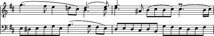 { << \new Staff \relative g'' { \override Score.TimeSignature #'stencil = ##f \time 3/2 \key b \minor
 g4.( fis8 e4 d!8 cis) << { d4.^( e8) fis4. } \\ { b,4. cis8 d4. } >>
 ais8 b( cis b cis) cis4.\prall( b16 cis) }
\new Staff \relative e { \clef bass \key b \minor
  e8[ dis e fis g e] a4.( g8 fis[ e]) |
  d[ e d cis d b] g'[ fis e d e fis] } >> }