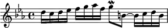 { \time 4/4 \key ees \major \relative d'' { d16 c d ees f g aes f g8\mordent b, ~ b16 c d b } }