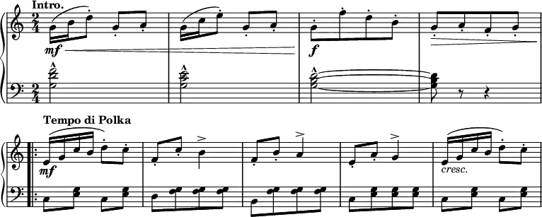 
\version "2.20.0"
#(set-global-staff-size 22.45)

  
RHMusic = \relative g' { 
  g16(\mf\< b d8-.) g,-. a-. |
  g16( c e8-.) g,-. a-. |
  g-.\f[ f'-. d-. b-.] |
  g-.[\> a-. f-. g-.] |
  \tempo "Tempo di Polka"
  e16^(\mf g c b d8-.) c-. |
  f,-. c'-. b4^> |
  f8-. b-. a4^> |
  e8-. a-. g4^> |
  e16(_\markup \italic "cresc." g c b d8-.) c-. | \break
}

LHMusic = \relative g { 
    <g d' f>2^^ | <g c e>^^ | <g b d>^^ ~ | q8 r r4 \break
    \bar ".|:" c,8 <e g> c q | d[ <f g> q q] |
    b,[ q q q] | c[ <e g> q q] | c q c q
}

global = { \key c \major
           \override Score.BarNumber #'break-visibility = #'#(#f #f #f)
           \time 2/4 %\once \override Staff.TimeSignature #'style = #'single-digit
           %\partial 4
           \tempo "Intro." 
           \mergeDifferentlyDottedOn
           \accidentalStyle Score.modern
           \set Score.alternativeNumberingStyle = #'numbers
           \set Score.connectArpeggios = ##t
           %\set Score.printKeyCancellation = ##f
}

\score { 
  \new GrandStaff \with { midiInstrument = #"acoustic grand" } <<
      \new Staff = "up" << \global \clef "treble" 
                           \new Voice { \RHMusic }
                         >>
      \new Staff = "down" << \global \clef "bass" 
                             \new Voice { \LHMusic }
      >>
         >>
         \midi { \tempo 2. = 63 }
         \layout { indent = #0 }
}

\header { 
          tagline = ##f
}
