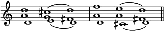 { \override Score.TimeSignature #'stencil = ##f \time 3/1 \key c \major << { d''1 cis''^( d'') | f'' e''^( d'') \bar "||" } \\
{ a'1 g' fis' | a' a' fis' } \\ { d'1 e'_( d') | d' cis'_( d') } >> }