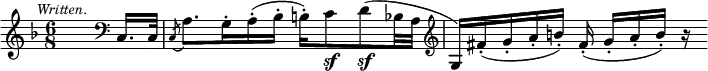 { \relative c { \key f \major \time 6/8 \partial 4 \mark \markup \small \italic "Written."
 s8 \clef bass c16. c32 |
 \acciaccatura c8 a'8. g16-. a-.( bes-. b-.) c8\sf d\sf( bes32 a |
 \clef treble g16)[ fis'-.( g-. a-. b-.)] fis-.( g-.[ a-. b-.)] r } }