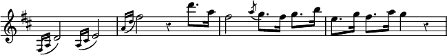 { \relative f { \override Score.TimeSignature #'stencil = ##f \key d \major \override Score.Rest #'style = #'classical
\appoggiatura { fis16 a } d2 \appoggiatura { a16 cis } e2 |
\appoggiatura { a16 d } fis2 r4 d'8. a16 |
fis2 \acciaccatura a8 g8. fis16 g8. b16 |
e,8. g16 fis8. a16 g4 r | } }