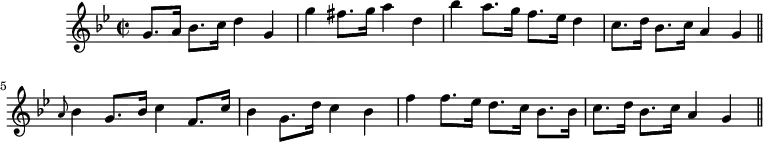 
\header {
    tagline = "" % no footer
}
\score {
    \language "english"
    {
        { \new PianoStaff <<
            { \new Staff <<
                \set Staff.midiInstrument = "violin"
                \relative c'' {
                    \set Score.tempoHideNote = ##t \tempo 8 = 260
                    \clef treble \key g \minor
                    \time 2/2
                    
                    g8.[ a16] bf8.[ c16] d4 g,4 |
                    g' fs8. g16 a4 d,4 |
                    bf' a8.[ g16] f8.[ ef16] d4 |
                    
                    c8.[ d16] bf8.[ c16] a4 g
                    \bar "||"
                    \grace{a8} bf4 g8. bf16 c4 f,8. c'16 |
                    bf4 g8. d'16 c4 bf |
                    f'4 f8.[ ef16] d8.[ c16] bf8.[ bf16] |
                    c8.[ d16] bf8.[ c16] a4 g
                    \bar "||"
                }
            >> }
        >> }
    }
    \layout { }
    \midi { }
}
