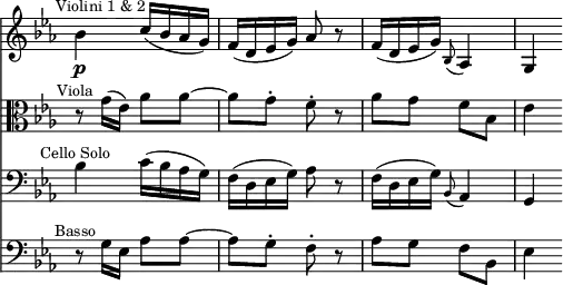 { << \new Staff \relative b' { \key ees \major \time 2/4 \override Score.TimeSignature #'stencil = ##f \mark \markup \small "Violini 1 & 2"
bes4\p c16( bes aes g) | f( d ees g) aes8 r |
f16( d ees g) \appoggiatura bes,8 aes4 | g4 }
\new Staff \relative g' { \clef alto \key ees \major
r8^\markup \small \center-align "Viola" g16( ees) aes8 aes ~ |
aes g8-. f-. r | aes g f bes, | ees4 }
\new Staff \relative b { \clef bass \key ees \major
bes4^\markup \small \center-align "Cello Solo" c16( bes aes g) |
f( d ees g) aes8 r |
f16( d ees g) \appoggiatura bes,8 aes4 | g4 }
\new Staff \relative g { \clef bass \key ees \major
r8^\markup \small \center-align "Basso" g16 ees aes8 aes ~ |
aes g-. f-. r | aes g f bes, | ees4 } >> }